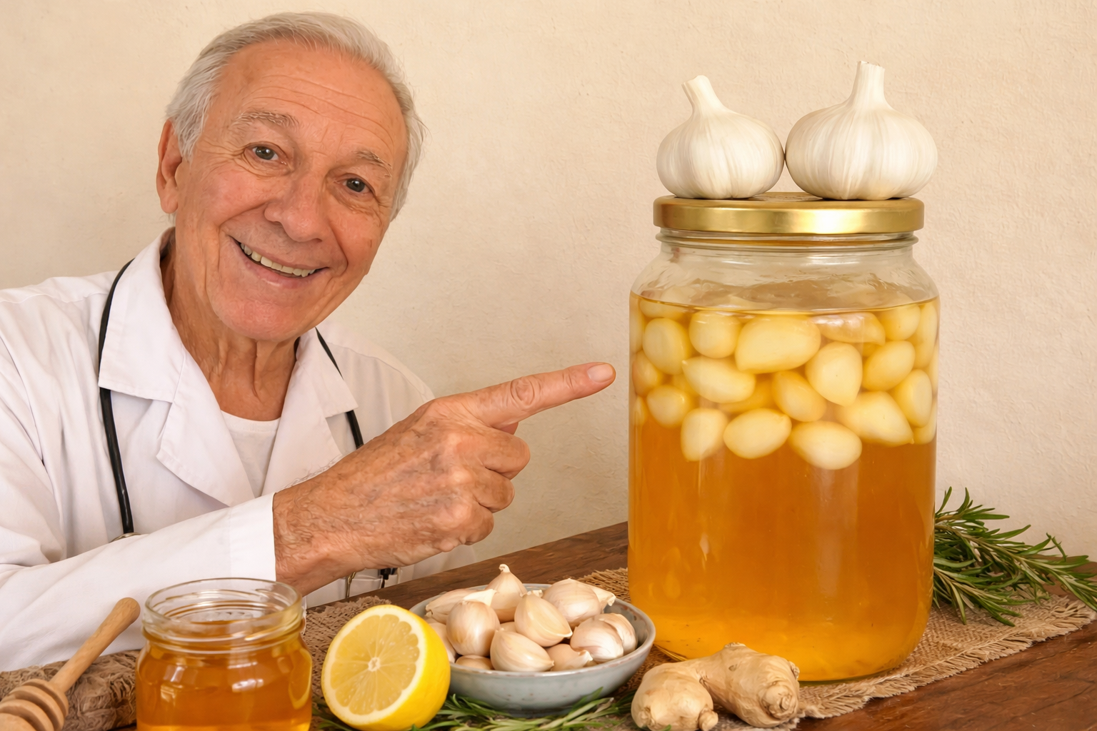 Ajo macerado en miel en frasco de vidrio, remedio natural tradicional.”
