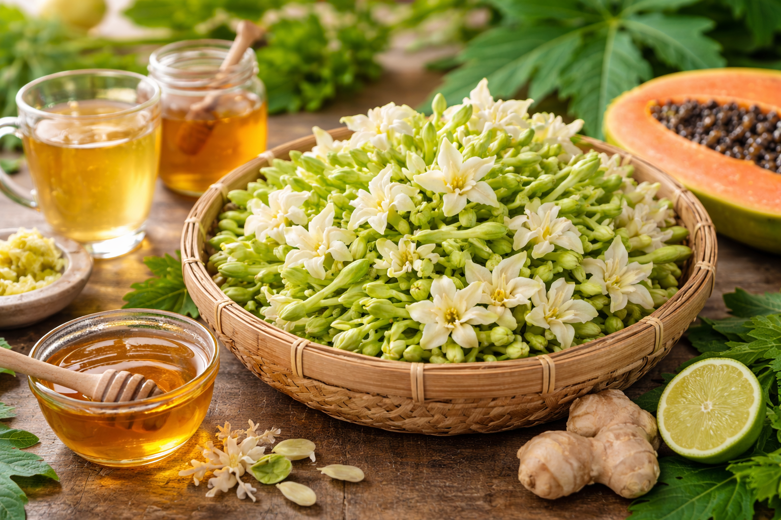 Flor de papaya fresca con ingredientes naturales para infusión.