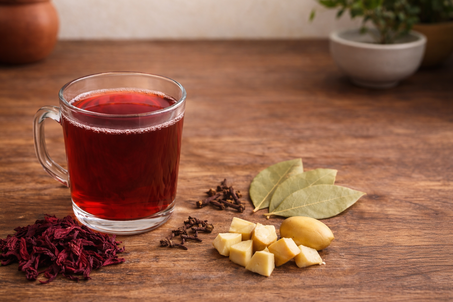 Infusión casera de jamaica, laurel y semilla de aguacate