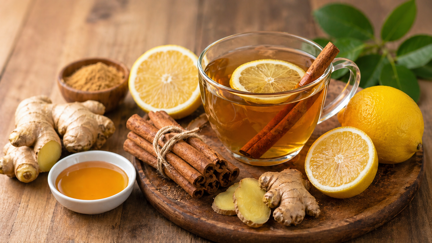 “té de jengibre canela y limón natural en taza con ingredientes frescos”