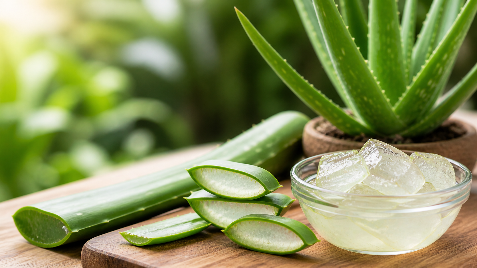 Aloe vera natural con gel fresco en recipiente y hojas cortadas sobre mesa de madera