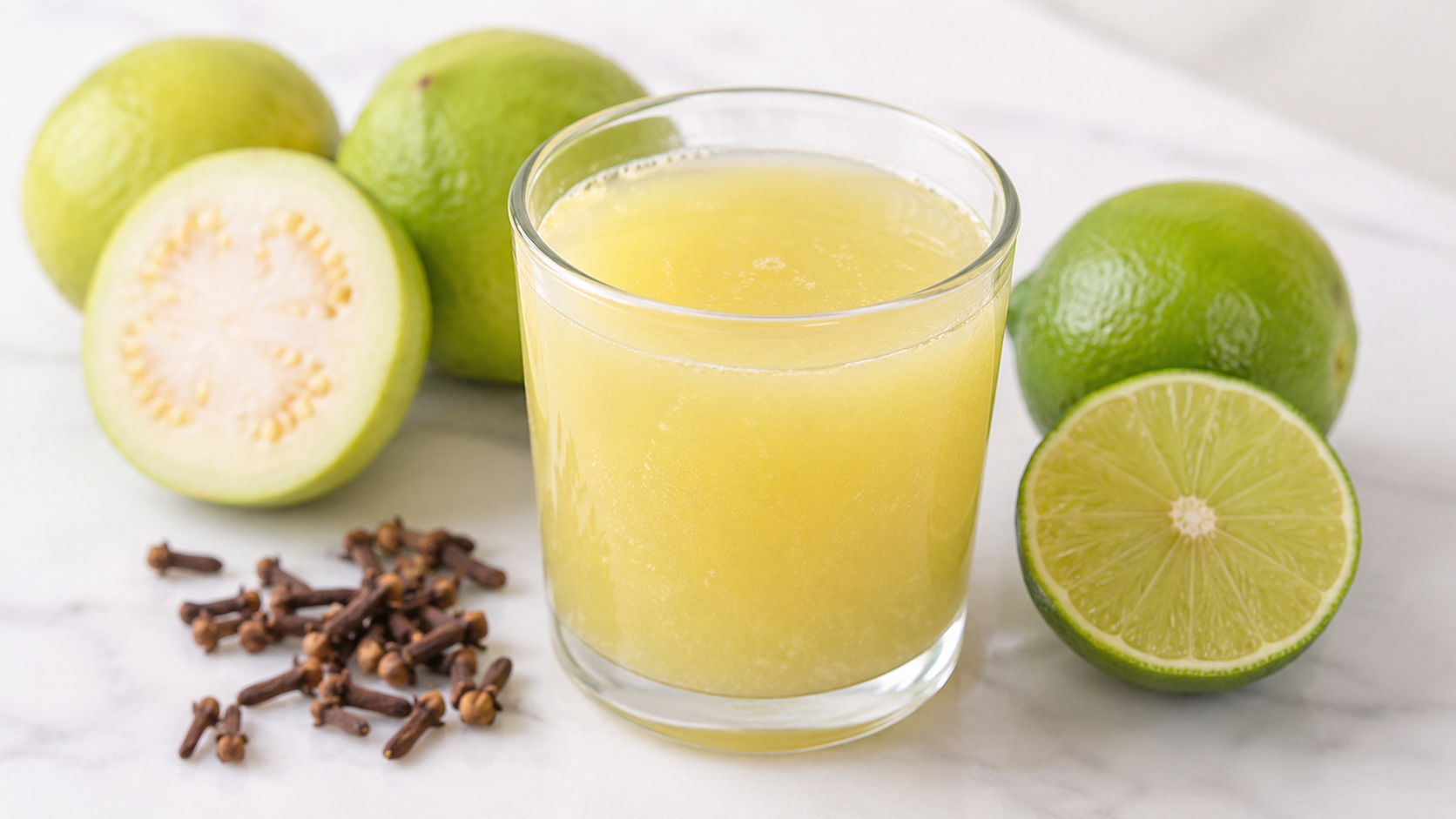 Bebida natural de guayaba, limón y clavo de olor sobre plato blanco