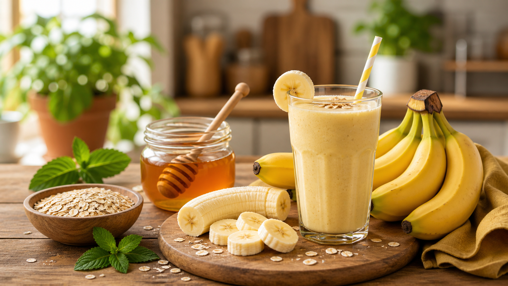 batido natural de banana con miel y avena